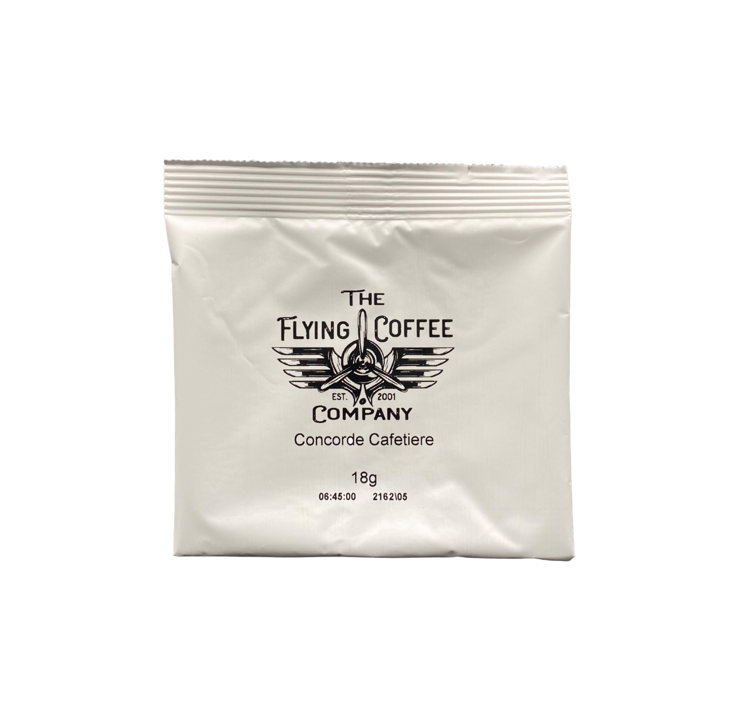 White coffee package with 'The Flying Coffee Company' branding on a white background