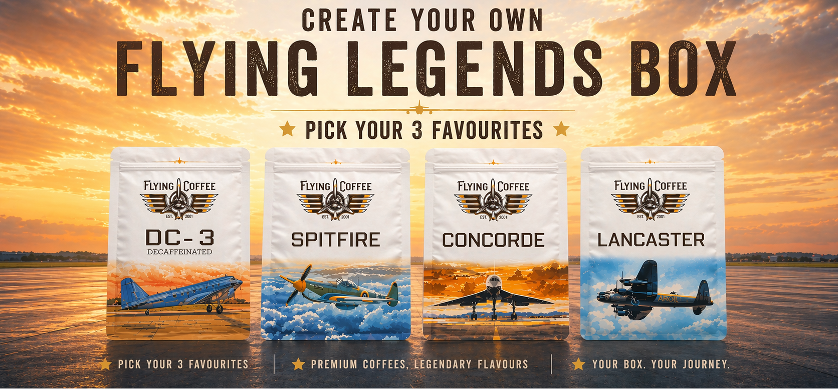Promotional graphic for 'Flying Legends Box' coffee collection with airplane designs and sunset background.