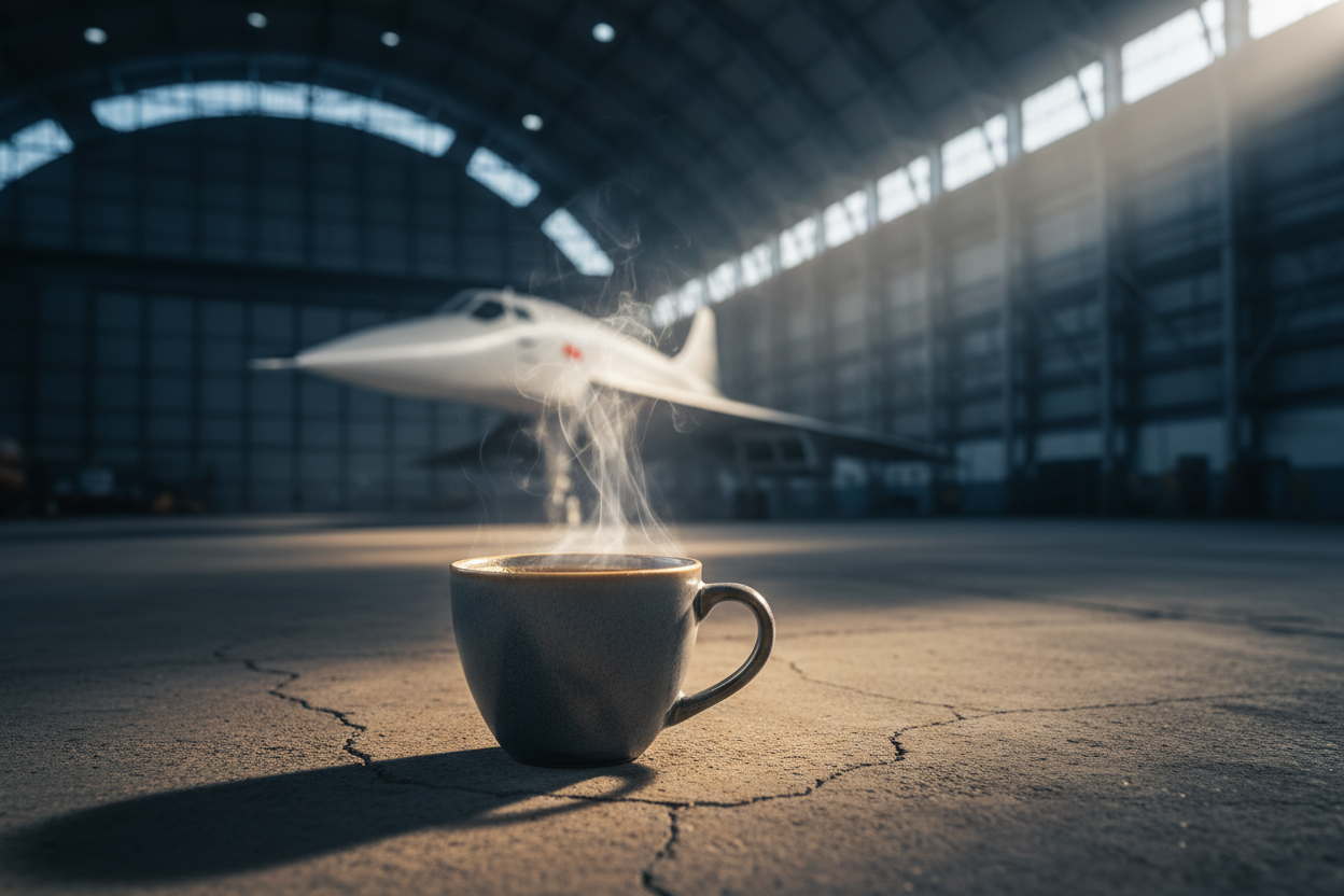 A steaming cup of Concorde coffee in an aircraft hangar with a Concorde jet in the background
